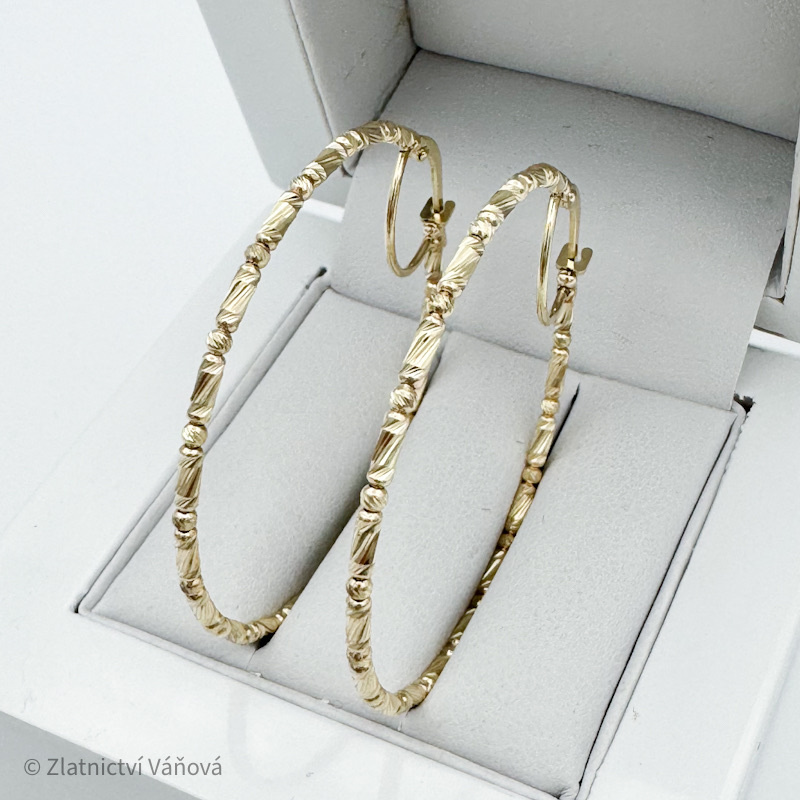 Žluté zlato náušnice kruhy zdobené 39,4mm